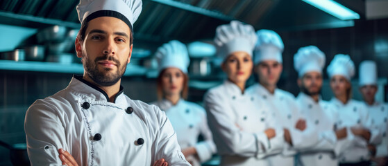 Head Chef at the kitchen standing proud with his team. Working in the kitchen and in a restaurant. - obrazy, fototapety, plakaty