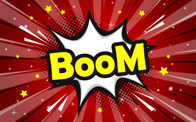 Boom isolated comic text speech bubble. Halftone vector illustration banner.