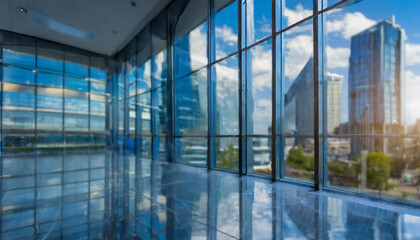 Fototapeta na wymiar Blurred glass wall of modern business office building at the business center use for background in business concept. Blur corporate business office. Abstract windows with a blue tint