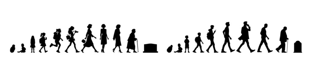 Vector illustration. Silhouette of growing up man from baby to old age. Many people of different ages in a row.	