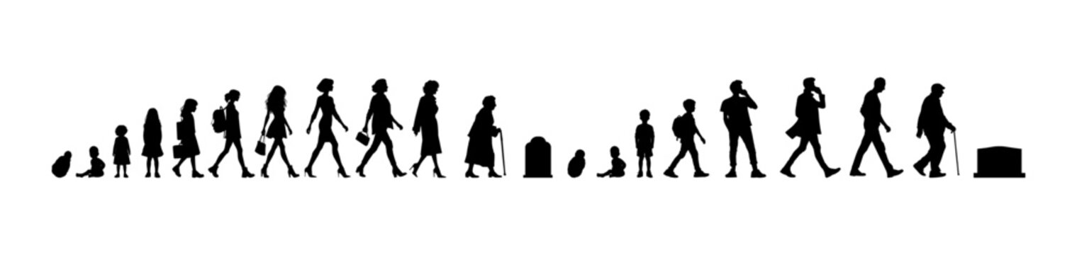 Vector illustration. Silhouette of growing up man from baby to old age. Many people of different ages in a row.	