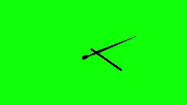 Clock with rotating time pointers. Green screen and chroma key background.