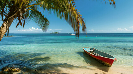 Fototapeta na wymiar Beautiful Caribbean sea and boat on the shore Exotic vacation and travel destination