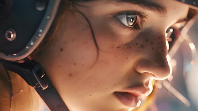 A closeup of a roller derby players face, her determination and focus evident as she prepares to make a daring maneuver.
