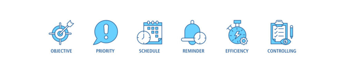 Time management banner web icon set vector illustration concept with icon of objective, priority, schedule, reminder, efficiency, alerts, and controlling