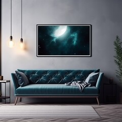 modern living room with sofa by night , night colors