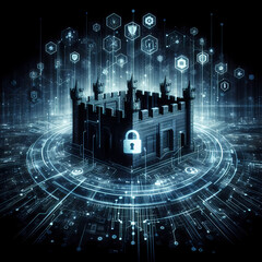  a powerful image symbolizing the concept of cybersecurity, portraying a digital fortress safeguarding against cyber threats, Generative Ai