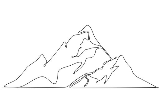 One continuous line drawing of mountain landscape. Web banner with mounts and high peaks in simple linear style. Winter sport adventure and hiking tourism concept. Vector illustration