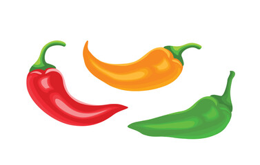 Chili peppers set. Vector yellow, red and green chili peppers isolated on white. Cartoon flat illustration of spicy spices.