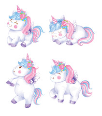 set of cute  cartoon watercolor unicorns isolated on white background. Magical Unicorn.
