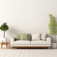modern calm living room with sofa and mockup for painting, empty space for text 