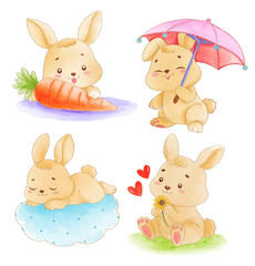 Obraz premium Watercolor cute Rabbit cartoon character design collection with different on with background. Vector illustration 