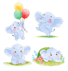 Obraz na płótnie Canvas Watercolor cute Elephant cartoon character design collection with different on with background. Vector illustration 