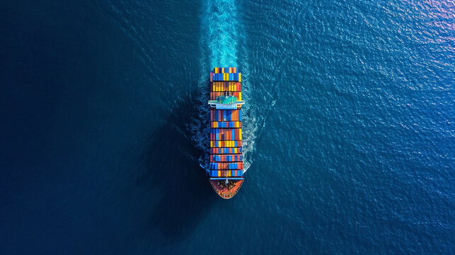 An Aerial View Of A Container Ship On The High Seas, En Route To Its Next Port Background Vast Expanse Of The Ocean, Emphasizing The Isolation Of Sea Transport Colors Deep Blue Of The Sea, Cont