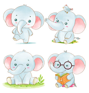 Watercolor cute Elephant cartoon character design collection with different on with background. Vector illustration	