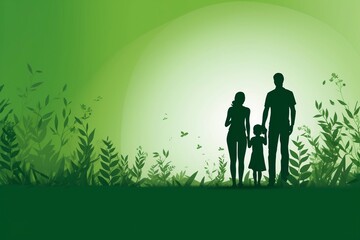 Silhouettes of happy family. Parents and daughter holding hands on green background, copy space.