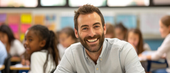 Happy male elementary school teacher. Students are in classroom behind him in a blurry background. Fun and enjoyable learning, love for education concept.