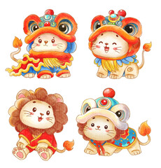 Fototapeta premium cartoon character lion design for Chinese new year Animal holidays cartoon character set.