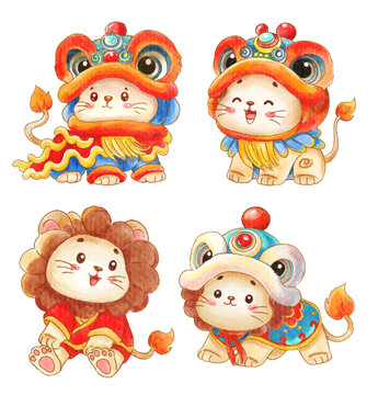 cartoon character lion design for Chinese new year  Animal holidays cartoon character set.