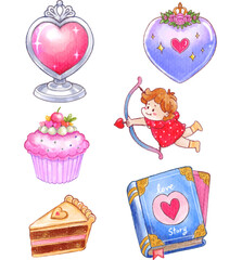 A set of six hand-painted watercolor illustrations featuring Valentine’s Day themes, including hearts, an arrow-wielding cupid, a cupcake, a love letter, and a storybook.