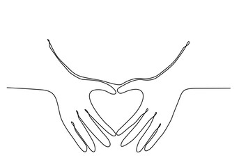 One line drawing hand making sign or heart symbol with finger. Beautiful hands with copy space. Love concept with hand gestures. Modern continuous line draw graphic design vector illustration