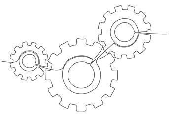 Continuous line drawing of machine gears. Gear vector illustration with cogs on transparent background. Machine gear technology concept in doodle style