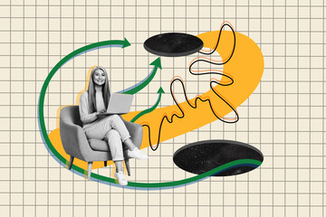Horizontal creative drawing photo picture collage of happy senior woman sit with laptop watch charts currency on checkered page background