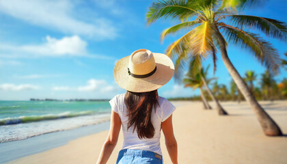 happy young woman in wearing hat on summer vacation on beautiful tropical beach