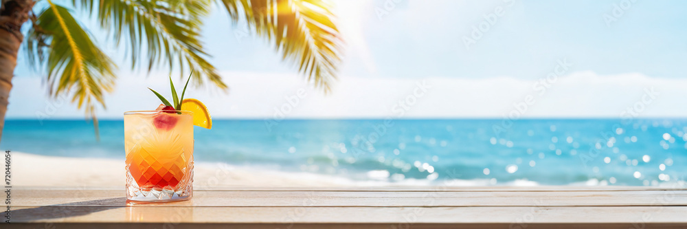 Wall mural Cocktail on the beach with palm tree leafs and blue sky background