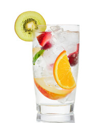 Refreshing water with ice cubes and fruits on a white background