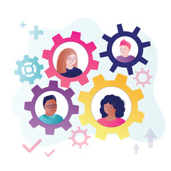 Colleagues working on common project. Team or organization, collaboration for success, team effort concept, business people working to rotate connected cogwheels gear.