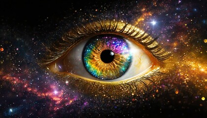 Eye with universe in the background and galaxy in the iris