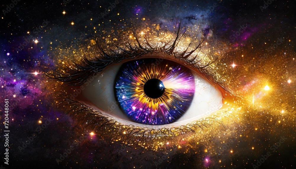 Poster eye with universe in the background and galaxy in the iris