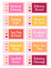 Love coupons for boyfriend, girlfriend. Valentine's Day gifts. Tear-off tickets, gift for couples, date ideas - weekend getaway, unlimited hugs, relaxing massage, breakfast in bed, candlelit dinner