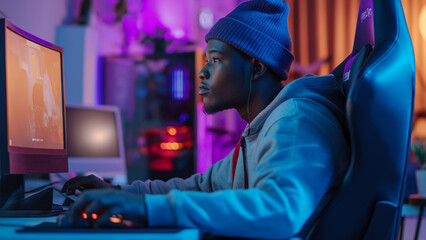 Fototapeta premium Focused african american male player wearing a beanie and a sweatshirt, sitting in a comfortable gaming armchair in front of a giant computer screen. High quality photo