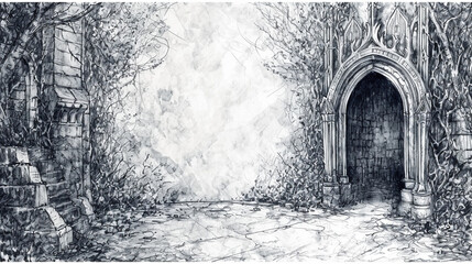 Gothic Archway: A sketch sticker depicting a gothic archway with intricate details, providing a sense of entry into a mysterious and timeless world, Sticker, gothic art style, sket