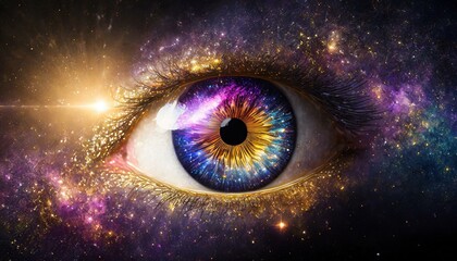 Eye with universe in the background and galaxy in the iris - obrazy, fototapety, plakaty