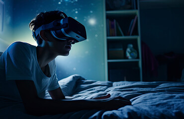 A young person sits on a bed at night, immersed in a virtual reality game with a space-themed environment. generative ai
