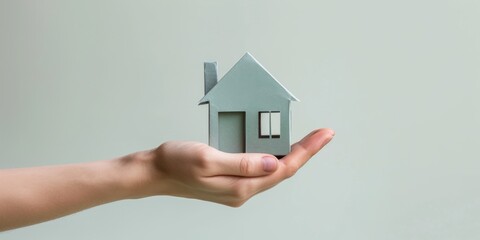 Fototapeta na wymiar affordable housing dream: hand holding paper house on light background, Generative AI