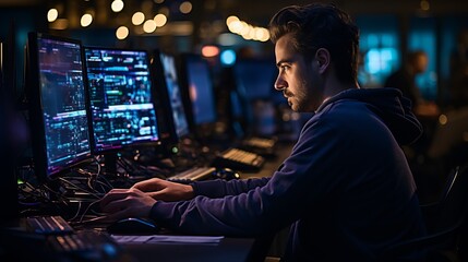 Dynamic software developer in sleek high tech office with code lines and gadgets