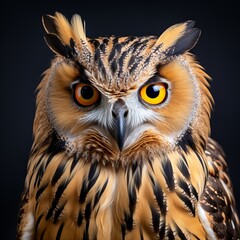Fototapeta premium Majestic owl portrait isolated on black background for wildlife and nature concepts
