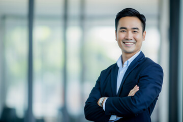 Smiling Thai businessman with office background.