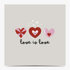 Cute Valentine's Day, anniversary, engagement, greeting card, poster, template, label with pink and red hearts