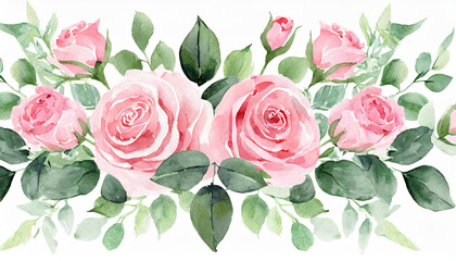 Border made of pink watercolor roses flowers and green leaves, wedding and greeting illustration