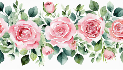 Border made of pink watercolor roses flowers and green leaves, wedding and greeting illustration