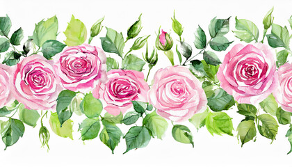 Border made of pink watercolor roses flowers and green leaves, wedding and greeting illustration