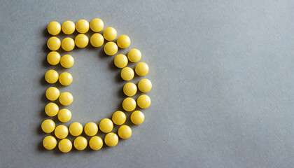 Yellow gelatin capsules on a gray background in the shape of the letter D. Food supplement, vitamin D.