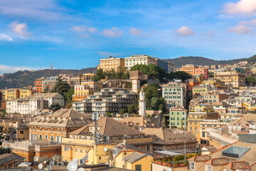 Fototapeta na wymiar Genova, Italy city Skyline View Towards the Historic Belvedere Castelletto