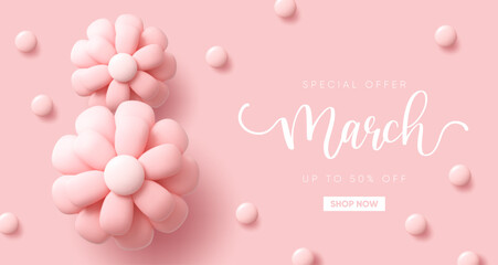 Modern Women's Day banner with 3d 8 number, made of flowers. Vector illustration.