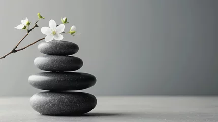 Poster Zen stones stacked with a delicate white flower on top. © Jan